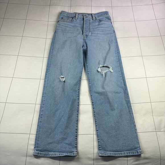 Levi’s Jeans Womens 27 Blue Ribcage Straight Ankle Button Fly Distressed Denim - Picture 1 of 14